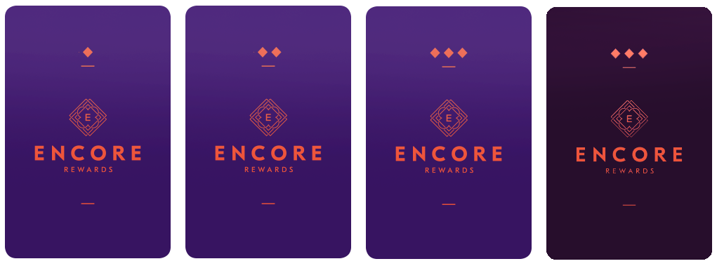 Four vertical purple cards featuring the "Encore Rewards" logo—an "E" inside a geometric square frame—stand prominently, each representing the exciting tiers available at Elements Casino Chilliwack. Each card displays a different number of orange diamond accents at the top, increasing from one to four, while the background subtly darkens from left to right.