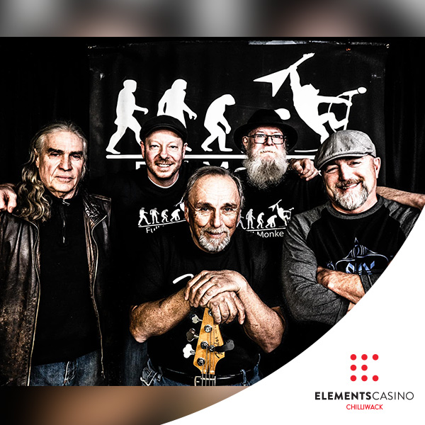 Five men pose together, smiling, in front of a black background featuring an evolution graphic. Prominently displayed in the bottom right corner is the Elements Casino Chilliwack logo, emphasizing the vibrant atmosphere and excitement associated with this popular entertainment destination.