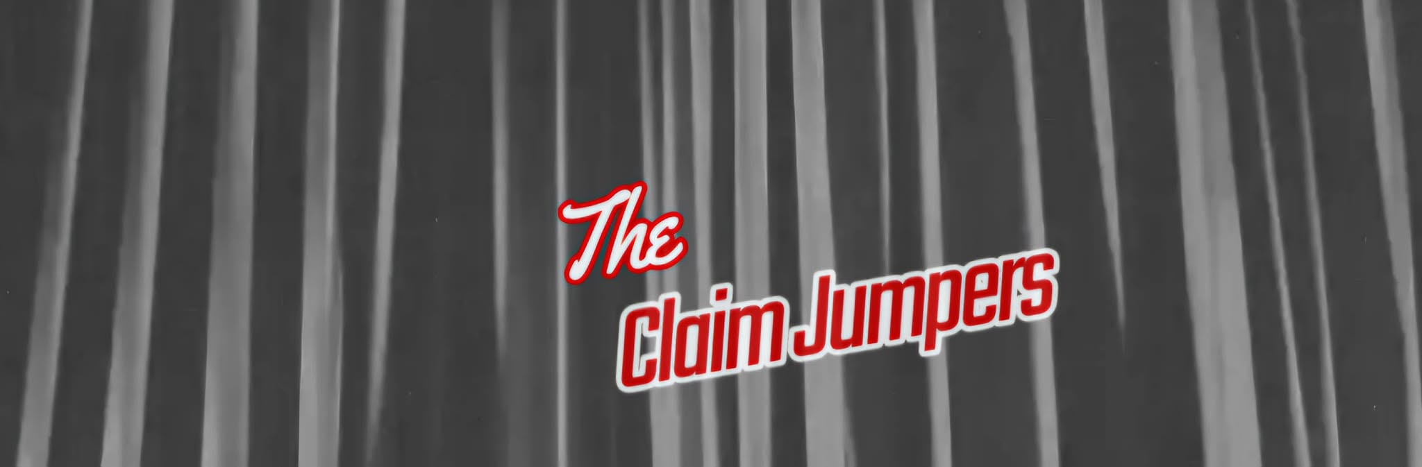 Title card reading “The Claim Jumpers” in red script text against a background of vertical black and white curtains.