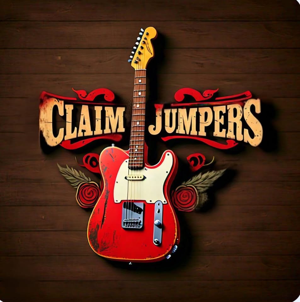 A red electric guitar centered in front of the text “CLAIM JUMPERS” on a wood-grain background, accented with red roses.