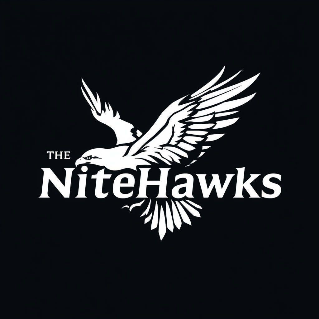 A white logo on a black background featuring a stylized hawk in flight above the text “THE NiteHawks.”