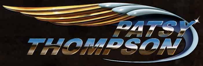 Logo with the text “Patsy Thompson” in metallic blue and gold lettering, partially framed by a stylized gold wing and a blue swooping arc.