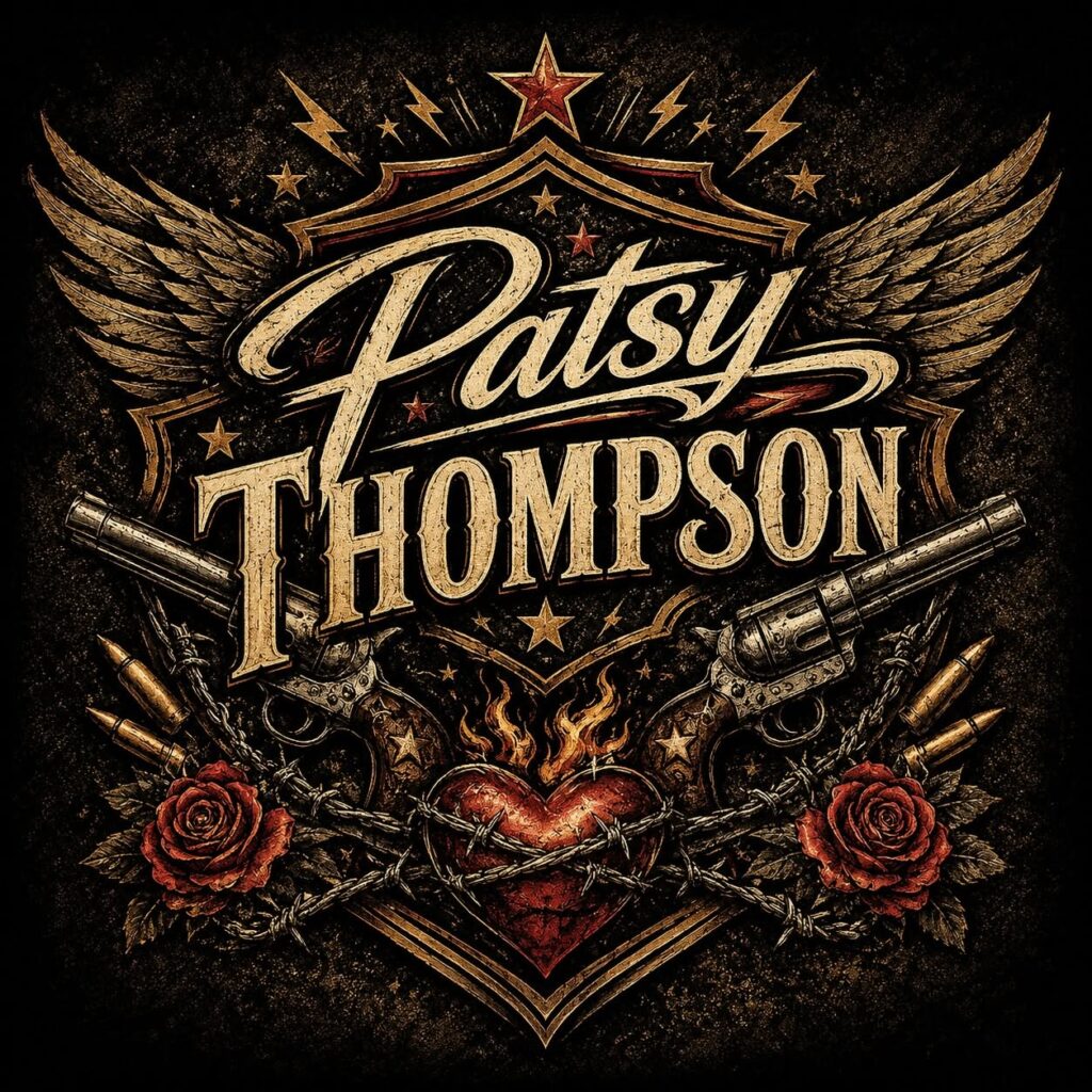 Logo featuring the name “Patsy Thompson” in stylized lettering above two revolvers, a flaming heart wrapped in barbed wire, two red roses, and winged flourishes.